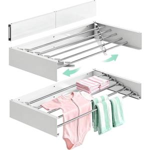 Foldable Wall Mounted Clothes Drying Rack 32’’, Retractable Laundry Room Drying Rack Clothing, Hidden Space Saver with Wall Template, 5 Rods, White