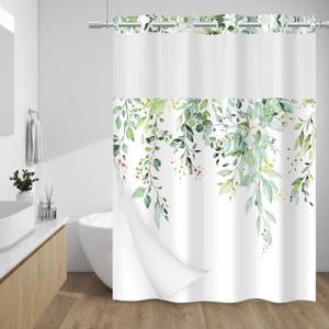 No Hook Shower Curtain with Snap in Liner - Eucalyptus Shower Curtain - Fabric Waterproof Inner Liner, Plants Sage Green Leaves Modern Shower Curtains - Machine Washable, 71 x 74