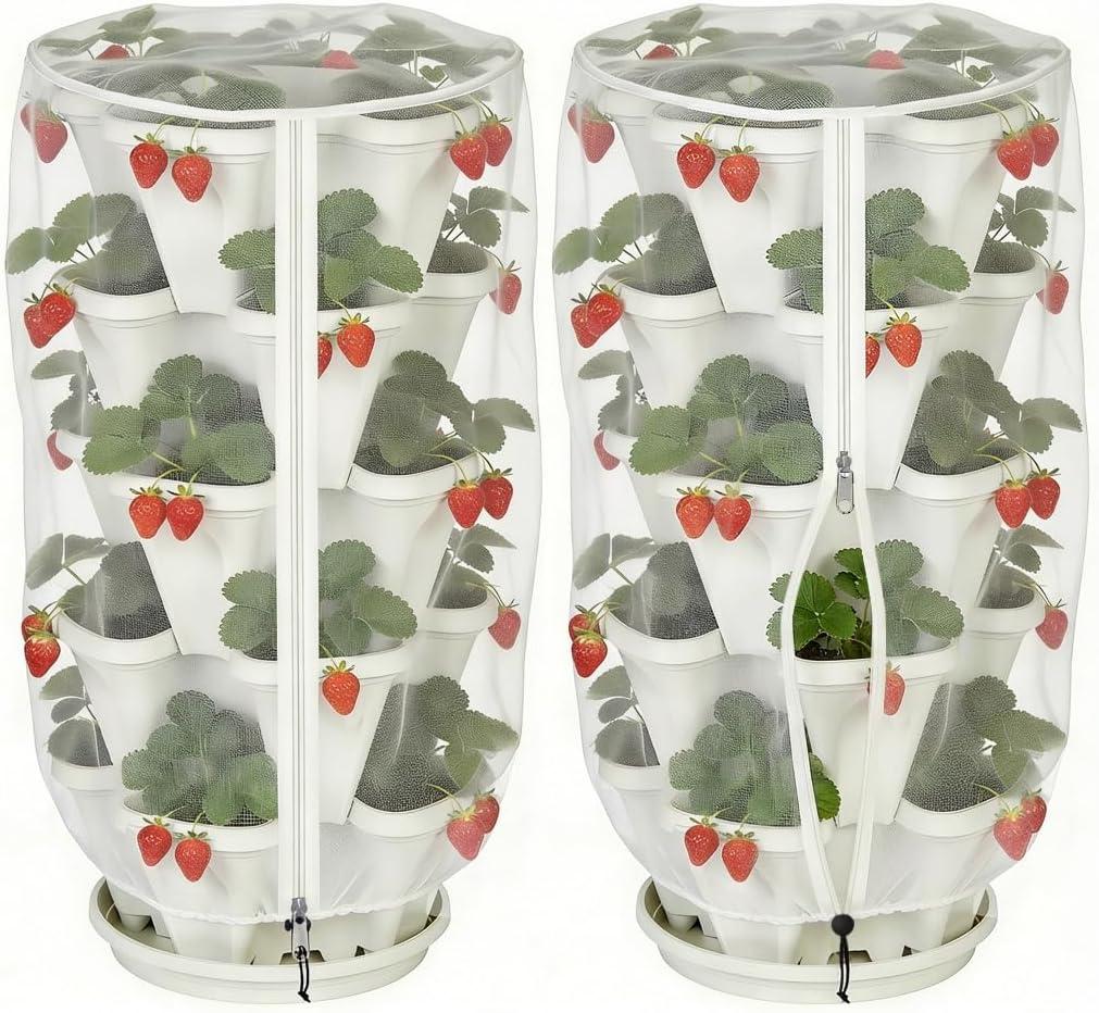 2 Pcs Vertical Plant Pot Insect Netting with Zipper, 39"x20" Stackable Planter Garden Net Cover, 3 to 5 Tier Planter Pot Insect Bird Barrier Protection Mesh for Strawberry Herb Flower Fruit Vegetable