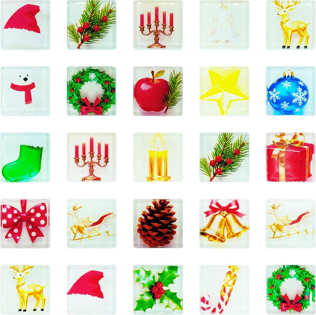 Christmas Glass Mosaic Tiles, 25mm/1Inch Square Tiles Crystal Mosaic Tile for Crafts, Colorful Tiles for Mosaic Project Supplies Home DIY Crafts Interior Decoration