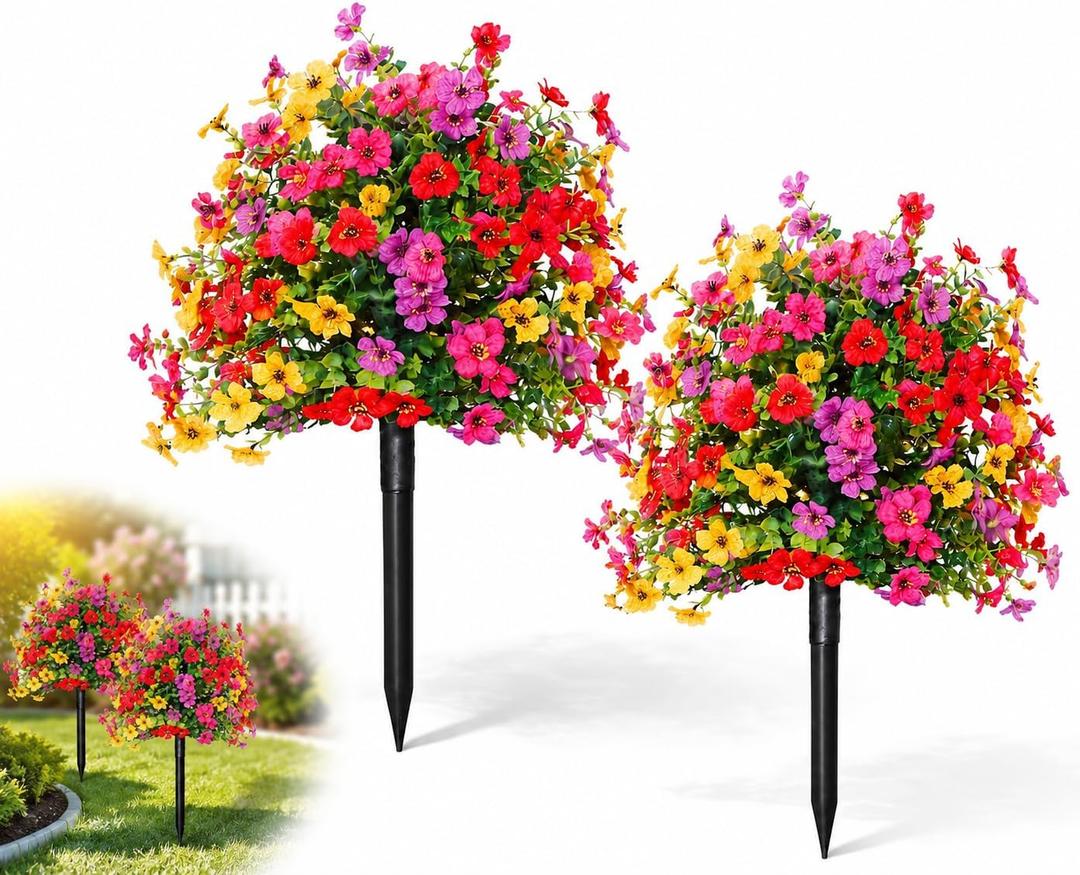 LWW Artificial Outdoor Plants, UV Resistant Faux Flower Topiary Balls with Ground Stakes, 22 Inch Realistic Fake Greenery Bushes, Waterproof Fade Resistant, Porch Garden Yard Patio Decor(2 Pack)