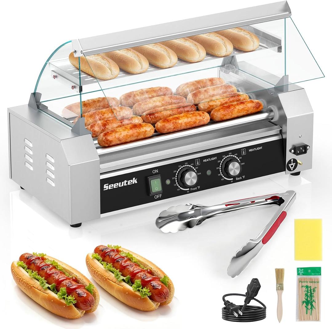 Seeutek Hot Dog Roller 5 Rollers 18 Hot Dogs Capacity 1100W Stainless Hot Dog Toaster, Hot Dog Machine W/Dual Temperature Control Glass Hood Acrylic Cover Warmer Shelf Removable Oil Drip Tray