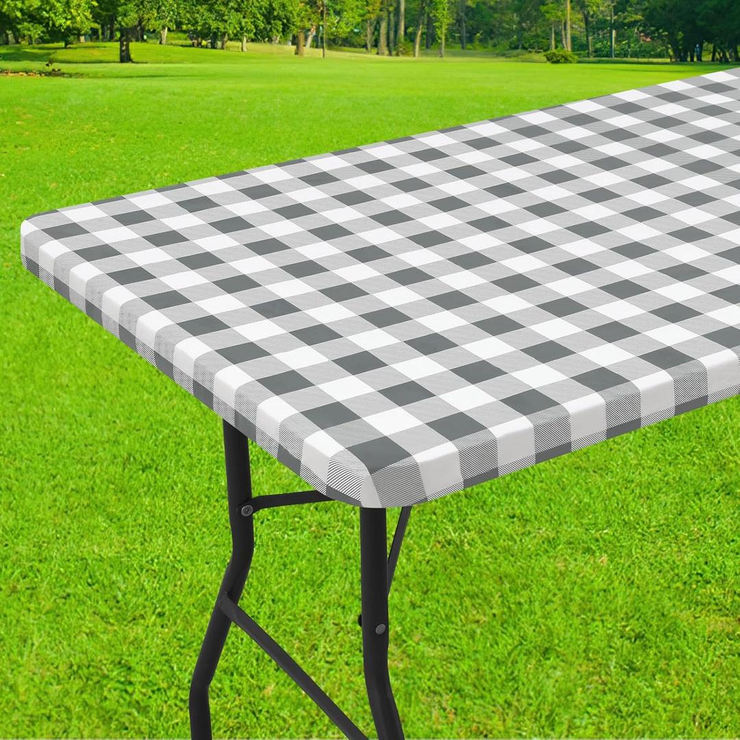 Smiry Rectangle Picnic Table Cloth, Elastic Waterproof Fitted Vinyl Tablecloths, Flannel Backed Buffalo Plaid Table Covers for Dining, Camping, Outdoor (White and Grey, 30" x 60")