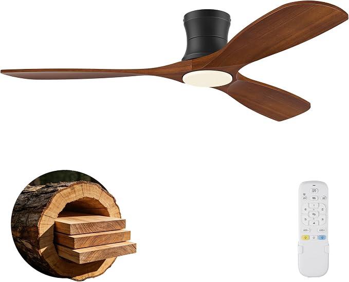 52In Wood Low Profile Ceiling Fans with Lights Remote,Flush Mount,Outdoor
Quiet,Natural Wood& Black,Hugger Remote Control Ceiling Fan for Outdoor Indoor Patio Bedroom Living Room,Dimmable LED,3 Blade