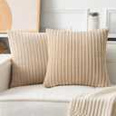 UGASA Velvet 24x24 Inch Soft Throw Pillow Covers Decorative Corduroy Striped Both Sides Solid Square Cushion Cases Boho Farmhouse for Couch Bedroom Sofa Home, Pack of 2, Beige
