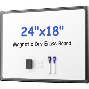VUSIGN Black Aluminum Magnetic White Board 24" x 18" with Dry-Erase Eraser, Multicolor Markers, Magnetic Pins for Office, Home, School
