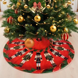 36 Inch Christmas Tree Skirt  Merry Christmas Holly Red Tree Skirt with Marching Nutcrackers, Holiday Decor for 46 FT Medium to Large Xmas Trees, Home, Office, Indoor or Outdoor