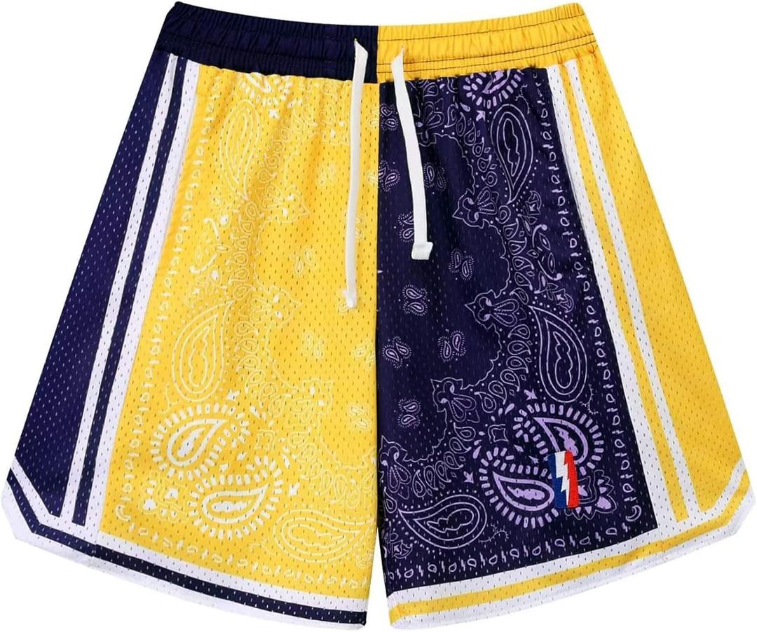 DIOTSR Mens Retro Basketball Shorts Running Athletic Graphic Shorts Streetwear Designer with Pockets (X-Large, Paisley 2 - Purple Yellow)