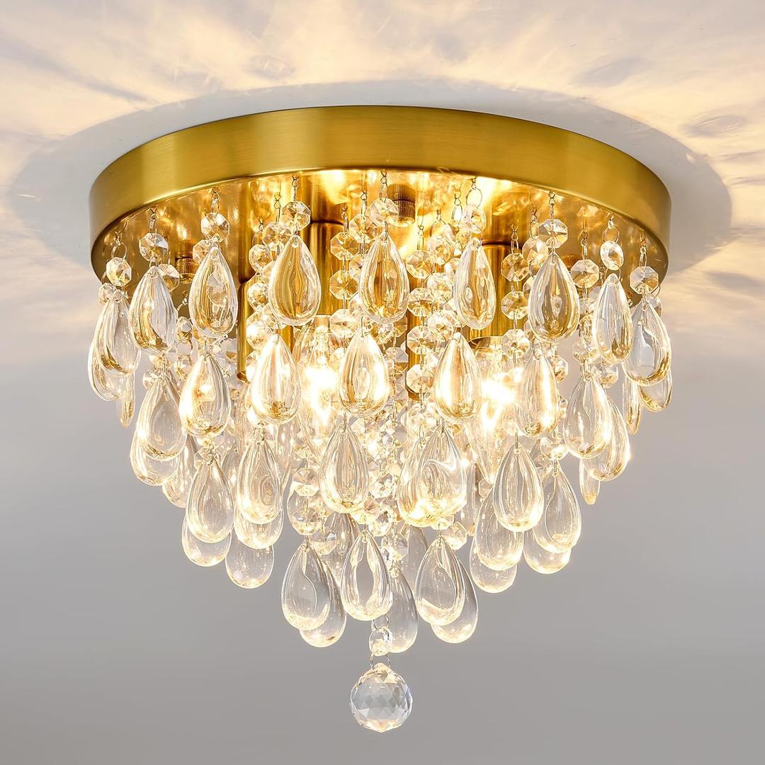 YYJLX Crystal Flush Mount Ceiling Light Modern Crystal Chandelier Gold 4-Light Fixture for Hallway Bedroom Entryway Bathroom Closet