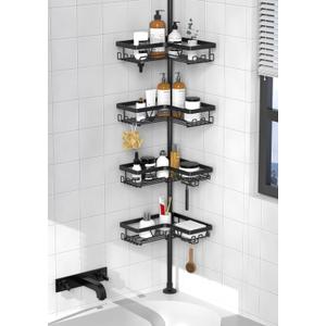 KEGII Corner Shower Caddy Tension Pole - Shower Tension Rod Organizer, Floor to Ceiling Shower Caddy 25-114.2 inch, Towel Rack Corner Waterproof, Black