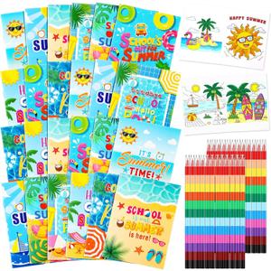 24 Set Summer Mini Coloring Books Bulk with 24 Set Stacking Crayons Beach Pool Favors Activity Books Bulk for Summer Party End of Year Gifts Birthday Goodie Bags Stuffers