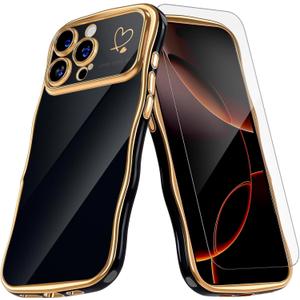 QVLANG for iPhone 16 Pro Max Case, Cute Wave Frame Curly Case, Plating Edge Soft Cover with Love Heart[1x Screen Protector] Soft TPU with[Full Camera Protection] Phone Cases for Women Girls, Black