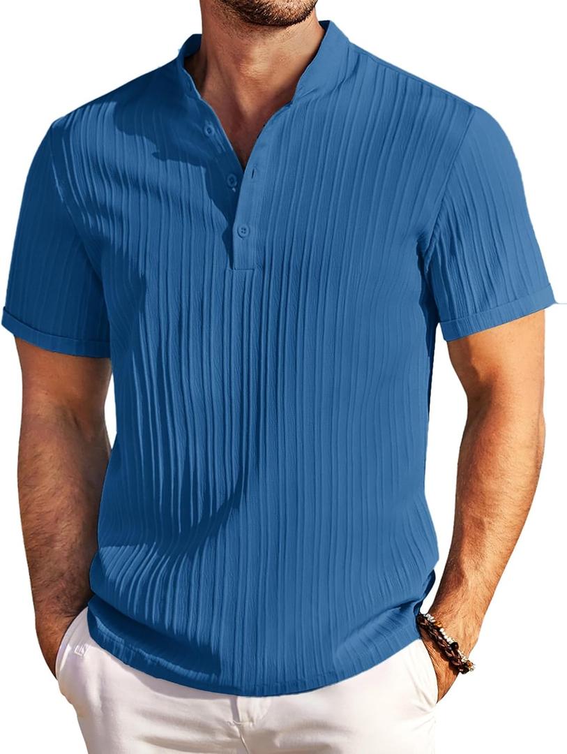 COOFANDY Men Casual Henley Tee Shirt Short Sleeve Band Collar Summer Beach Textured T-Shirt (XX-Large, Dark Blue)