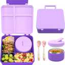 Bento Lunch Box with 8oz Soup Thermo, Leak-Proof Lunch Containers with 4 Compartment, Thermo Hot Food Jar and Insulated Lunch Box for School Purple