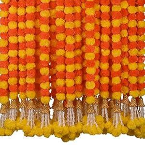 Marigold Garland for Decoration 5 Pcs of 5 feet Long Strands Artificial Marigold Flowers with Bell, Indian Dcor for Pooja/Diwali/Wedding/Christmas 