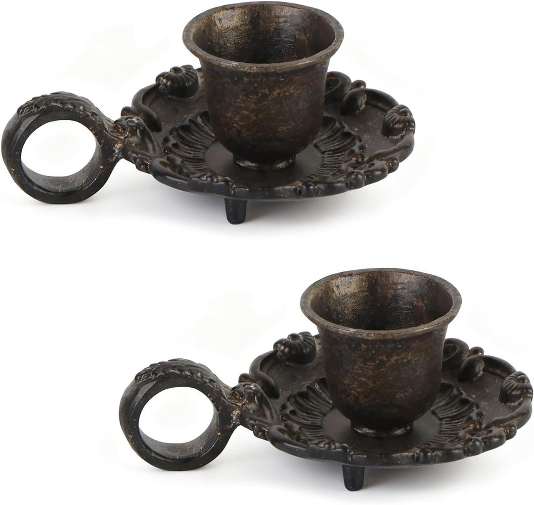 2 x NIKKY HOME Taper Candle Holders with Handle, Set of 2 Rustic Metal Candlestick for Table Centerpieces, Wedding Decor and Dinner Party, Brown