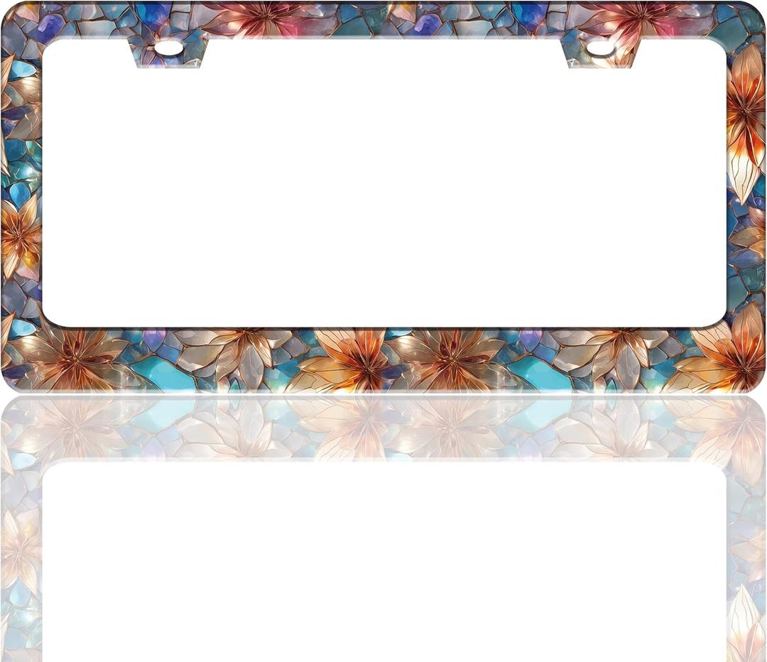 Beautiful Glass Flowers Pattern License Plate Frame Floral Stainless Steel License Plate Holder For Front And Rear Car Tags Funny For Car Decoration Accessories With Screws 6.3 X 12.2 In For Women Men