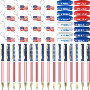 Huquary 48 Pcs American Flag Party Favors Bulk, Metal Ballpoint Pens, USA Keychains, Silicone Bracelets, Red White Blue Patriotic Event Supplies USA Souvenirs Gifts for Veterans Day 4th of July