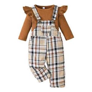 Toddler Baby Girl Christmas Clothes Ruffled Top Plaid Bib Overalls Pocket Suspender Pants Set Thanksgiving Outfits, 6-12M