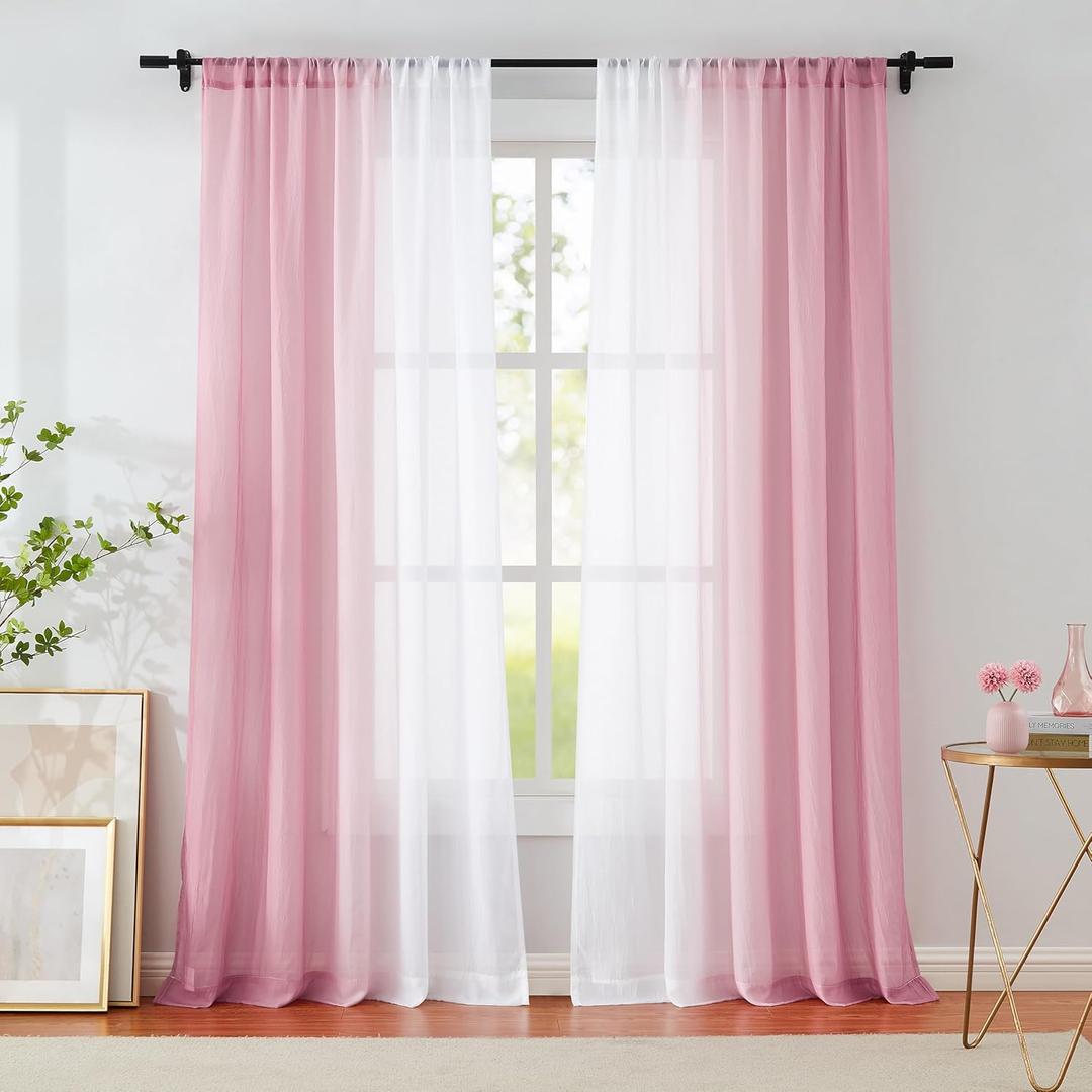 Pink Ombre Sheer Curtains 84 Inch Length for Living Room Bedroom Decor, Gradient Crinkle Semi Sheer Curtain Panels for Girls Room Chiffon Light Filtering Window Drapes for Garden, Rod Pocket, 52"W