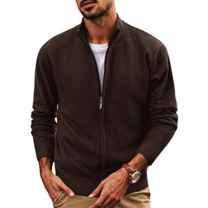 PJ PAUL JONES Mens Cardigan Sweater Full Zip Up Stand Collar Cardigans Long Sleeve Knitted Sweaters (Large, Coffee-textured)