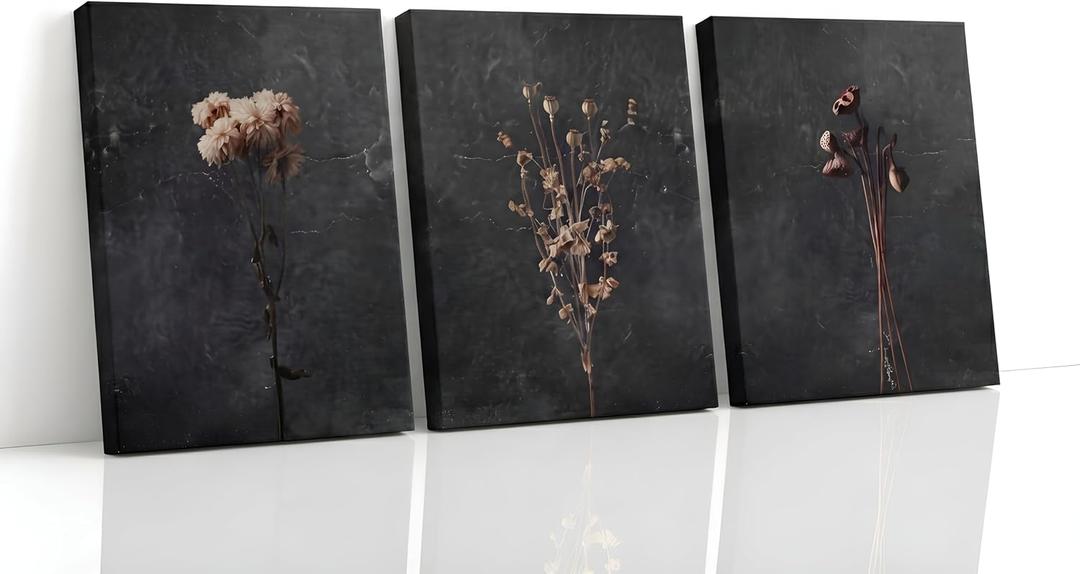 FTQYQLD 3Pcs Dried Flowers Canvas Wall Art, Dark Moody Botanical Prints, Floral Still Life Stretched Canvas for Living Room, Bedroom, Office Decor, 16x24in