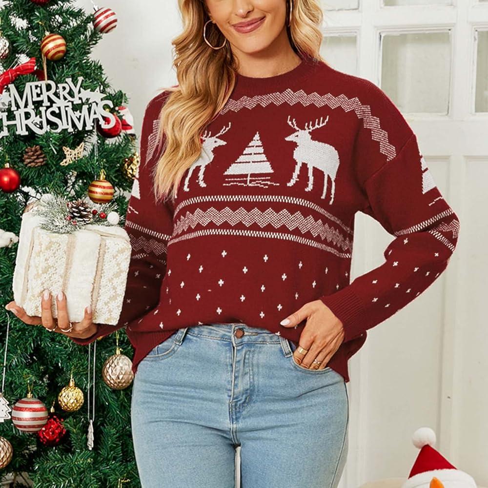 Cakulo Womens Funny Ugly Christmas Sweater Oversized Chunky Batwing Long Sleeve Crewneck Pullover Sweaters 2025 Reindeer M