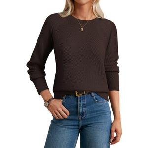 GRACE KARIN Women's Fall Knit Sweater Top, Long Sleeve Merino Wool Blend Pullover, Casual Crewneck Waffle Clothes 2025 (Brown, XL)