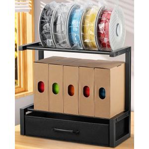 2-Tier Desktop Filament Storage Rack with Fabric Drawer - 3D Printer Filament Spools Holder Shelf for PLA/ABS/TPU Filaments, Tabletop Organizer for Home Office, Workshop Studio (Black Single Row)