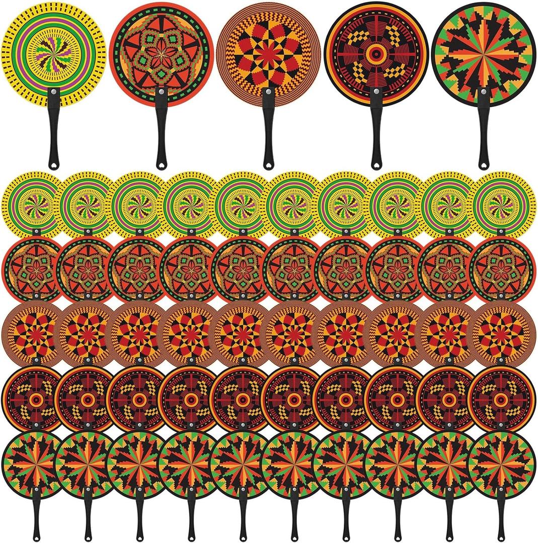 Roowest 50 Pcs African Plastic Fans 5 Styles African Party Favors Bulk Round Handheld Fans for Women Summer Wedding Birthday Party Gifts Community Supplies