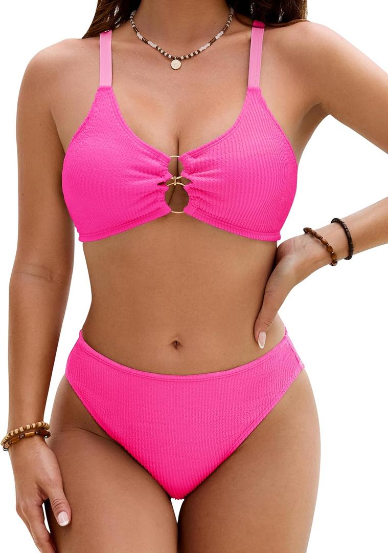 Blooming Jelly Womens Cheeky Bikini Sets Sexy High Cut Bathing Suit O-Ring Ribbed Two Piece Swimsuits(S,Hot Pink) (Pink)