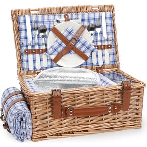Wicker Picnic Basket Set for 2 Persons with Waterproof Picnic Blanket and Large Insulated Cooler Compartment, Willow Picnic Hamper Basket with Cutlery Service Kits for Camping, Wedding (Red) (Blue)