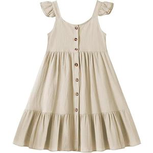 Girls Ruffle Trim Dress Kids Casual Elastic Crew Neck Solid Color A-line Swing High Waist Midi Dress 120