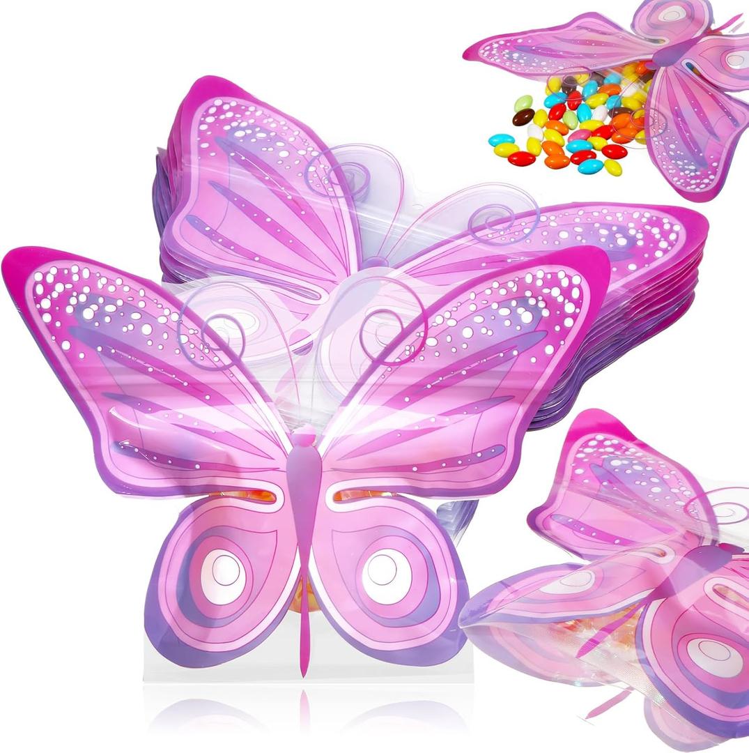 Resurhang 60 Pcs Butterfly Party Zipper Treat Bags Pink Food Goodie Gifts Bags Resealable Butterfly Themed Party Snack Candy Containers for Birthday Baby Shower Bridal Showers Supplies