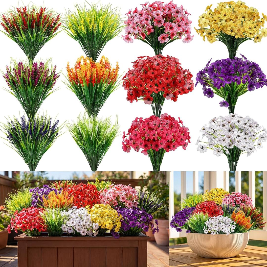 Zeyune 48 Bundles Artificial Flowers for Outdoor Fake Flowers UV Resistant Fake Plastic Plants Faux Plants for Decoration Hanging Planters Indoor Outside Patio Garden Porch Home (Elegant Style)