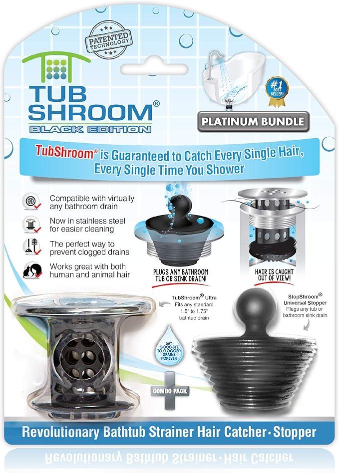 TubShroom Tub Drain Hair Catcher Combo Pack with Silicone Stopper, Black Chrome – Protector and for Bathroom Drains, fits any standard bathtub drain measuring 1.4” to 1.8” wide, Pack of 6