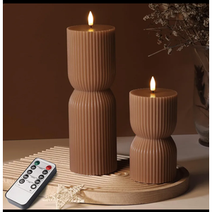Warm Brown Ribbed Flameless Pillar Candles with Remote, Real Wax Flickering Battery LED Candles Christmas Decor Gift Set of 2