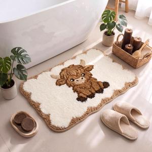 Breling Highland Cow Bathroom Rug, Brown White Flocked Western Cow Bath Mat with Scalloped Edge, Non Slip Absorbent Tufted Floor Mat for Bathroom Tub Shower Farmhouse Decor, 24 x 16 Inches