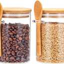 Airtight Food Storage Containers, Glass Canister With Wooden Spoon and Lids, 20 Oz Jars for Serving Bath Salt, Sugar, Spice, Coffee, Tea, Cereals, Condiment (2 Set)