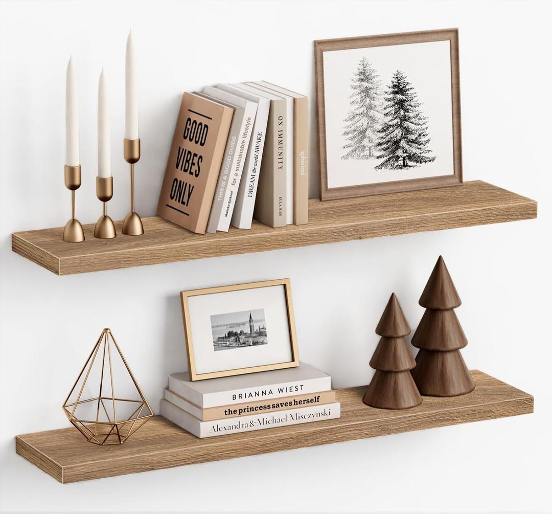 Harwaya Light Wood Floating Shelves for Wall 36 Inch x 8 Deep, Extra Large Wall Shelf for Bedroom Living Room Books, Long Hanging Shelves for Office Bookshelf Art Decor (Light Brown Color, Set of 2)