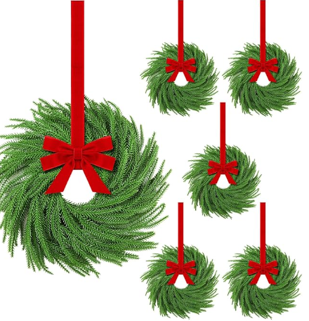 Hotop 6 Set Mini Christmas Wreath for Cabinet Kitchen Windows Decors Bulk with Red Bow Small Artificial Norfolk Farmhouse Wreaths with Berry Pine Cone for Fireplace Front Door Porch Wall Hanging