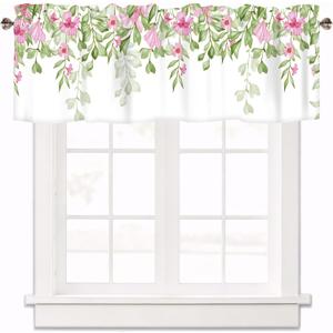 Green Leaves Valances for Windows, Floral Kitchen Short Curtains Rod Pocket Window Treatments Valance for Living Room Bedroom Bathroom Cafe Flower Farmhouse Decor 1 Panel, 42x12 Inch