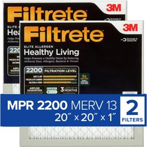 Filtrete 20x20x1 AC Furnace Air Filter, MERV 13, MPR 2200, Elite Allergen, Bacteria & Virus Filter, 3-Month Pleated 1-Inch Electrostatic Air Cleaning Filter, 2-Pack (Actual Size 19.719x19.719x0.78 in)