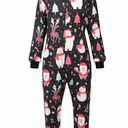Large Christmas onesie pajama, black with festive Santa, snowman, reindeer, and tree print. Full-length design with front zipper, hood with ears, and elastic cuffs on wrists and ankles. Soft and cozy material — perfect for winter or holiday use