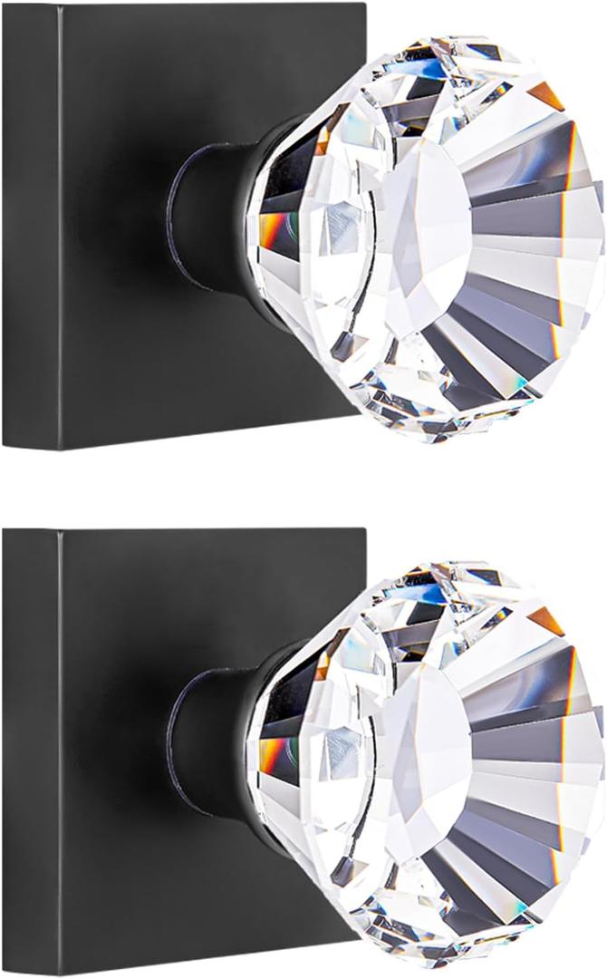 Crystal Glass Dummy Closet Hall Door Knob Interior Matte Black, Clear Diamond Dummy Door Knob Non-Turning Inactive 2 Pack