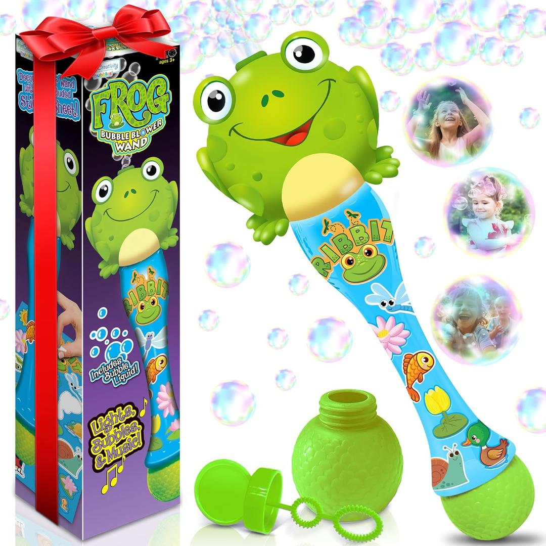 ArtCreativity Frog Bubble Wand - Bubble Toy with Bubbles Refill Solution, Stickers, Music & Lights - Kids Summer Outdoor Activity - Birthday Party Favors - Bubble Blower Machine (12 inches x 2 inches x 12 inches)