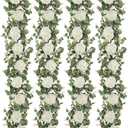 Dolicer 4Pcs 26Ft Artificial Eucalyptus Garlands with Flowers - 8 Roses, Faux Floral Greenery Garlands Fake Flowers Vines for Wedding Table Centerpieces Arch Party Ceremony Backdrop Decor (White)