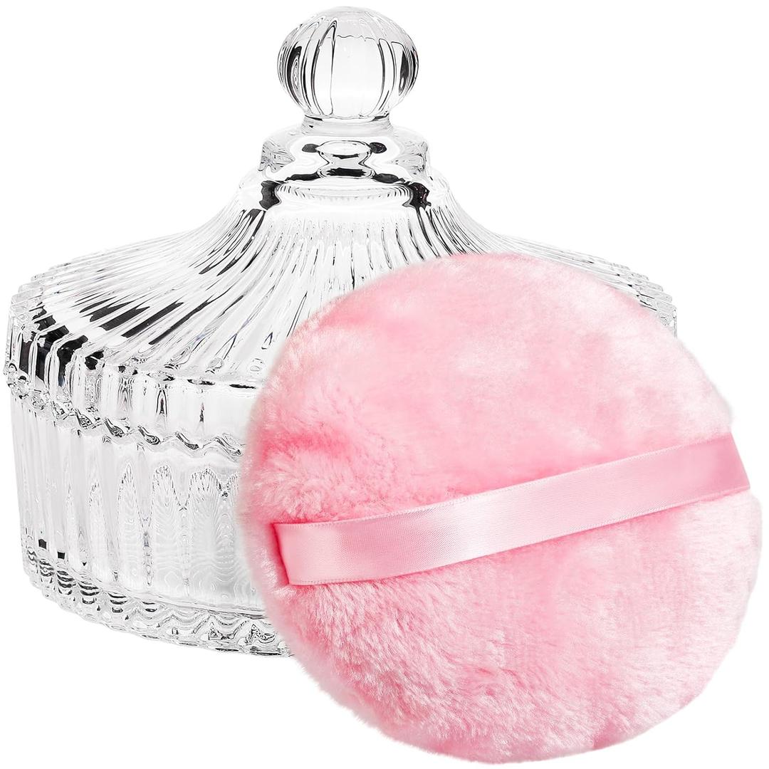 Teenitor Powder Puff 5.5" Extra Large Powder Puff and Container, Dusting Powder Container with Puff, Glass Crystal Powder Container for Body Powder Puff Pink