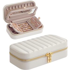 SONGMICS HOME Travel Jewelry Case, Travel Jewelry Box Organizer with Mirror, 4.1 x 8 x 2.4 Inches, Stitching, Portable, Gift Idea, Cloud White UJBC180W01