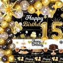15th Birthday Decorations for Boys, 15 Birthday Decorations Include Black and Gold Backdrop Banner, Tablecloth, Gold 15 Number Balloons, Explosion Star Balloons